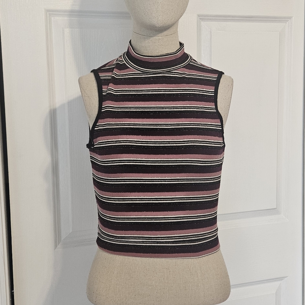 Misguided Striped Sleeveless Mock Neck Top